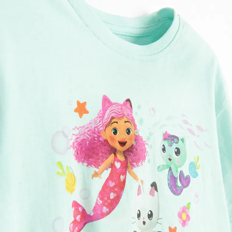 Cool Club, Luźny t-shirt dziewczęcy, turkusowy, Koci Domek Gabi