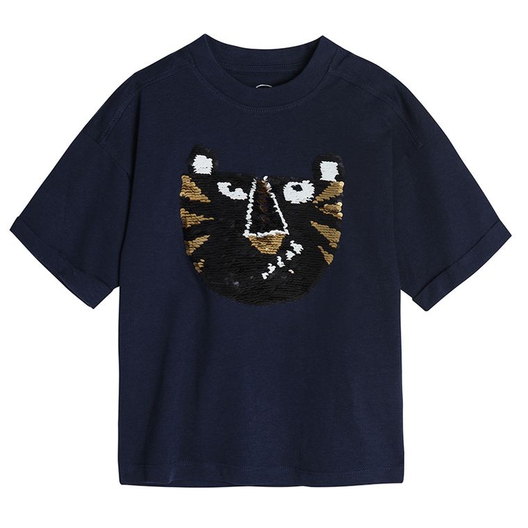 Cool Club, T-shirt chłopięcy, granatowy, dwustronne cekiny