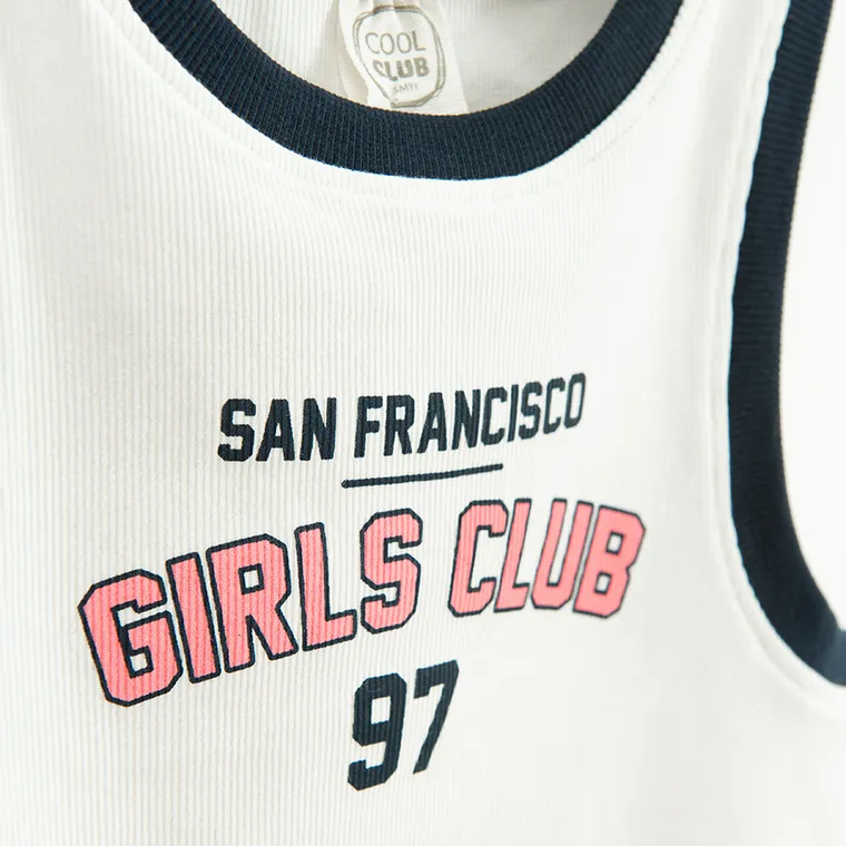 Cool Club, T-shirt dziewczęcy bez rękawów, prążkowany, biały