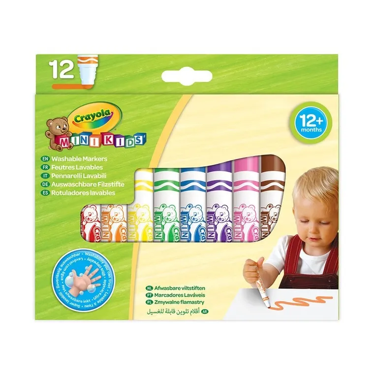 Crayola, Mini Kids, zmywalne flamastry z płaską końcówką odporną na nacisk, 12 szt.
