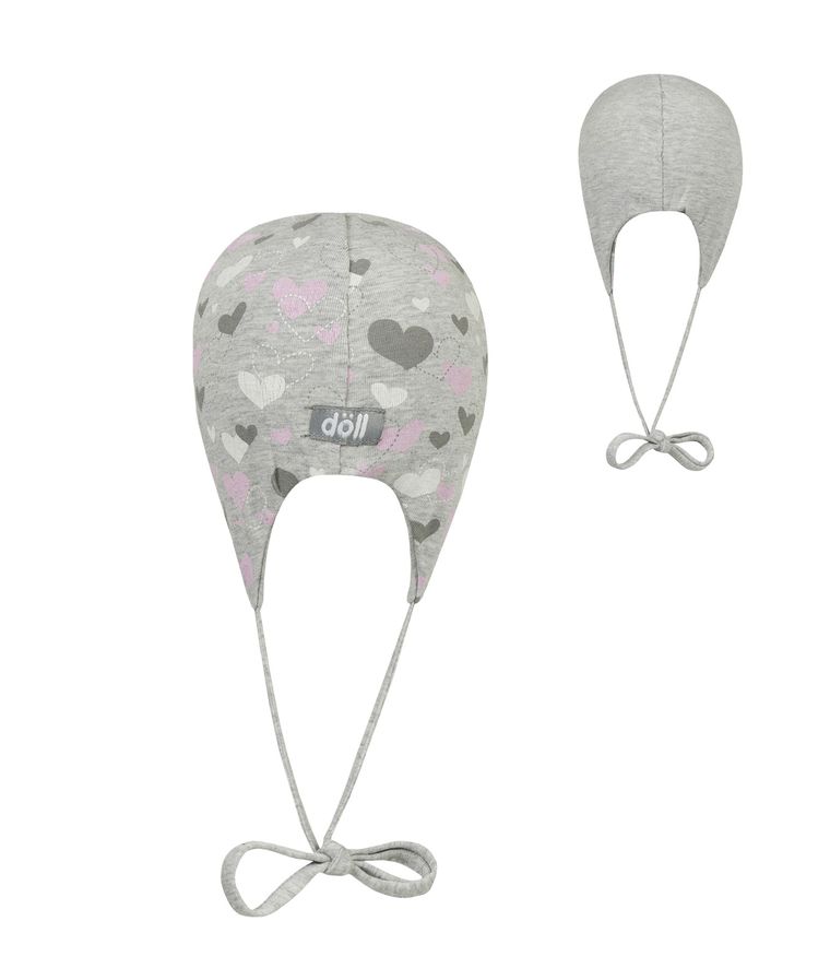 Czapka dziewczęca, wiązana, dwustronna, szara, serca, Döll