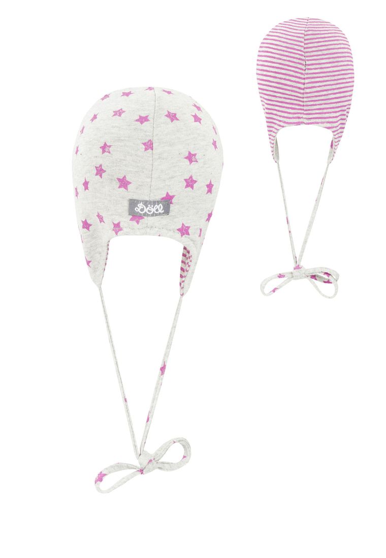 Czapka dziewczęca, wiązana, dwustronna, szaro-różowa, gwiazdki, paski, Döll