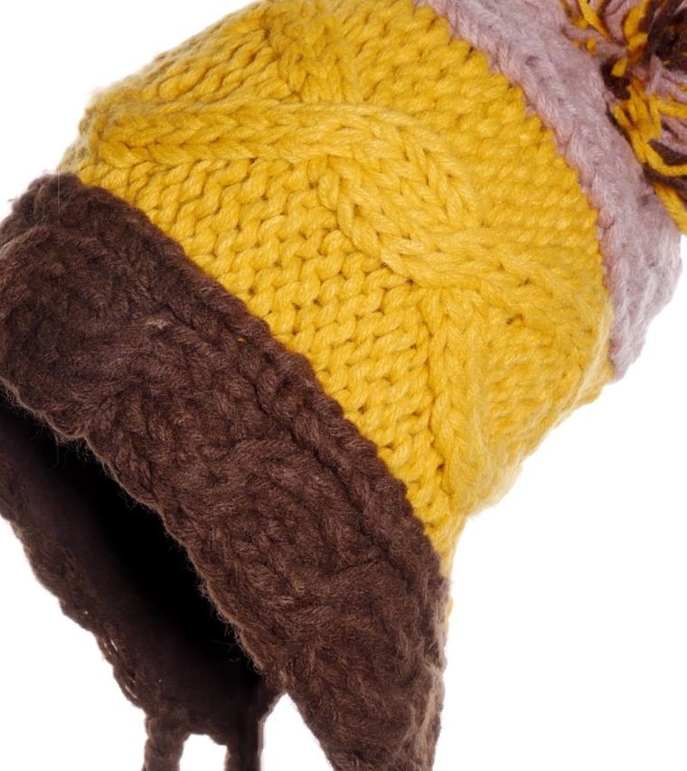 Czapka dziewczęca z pomponami, żółto-brązowa, Ambra