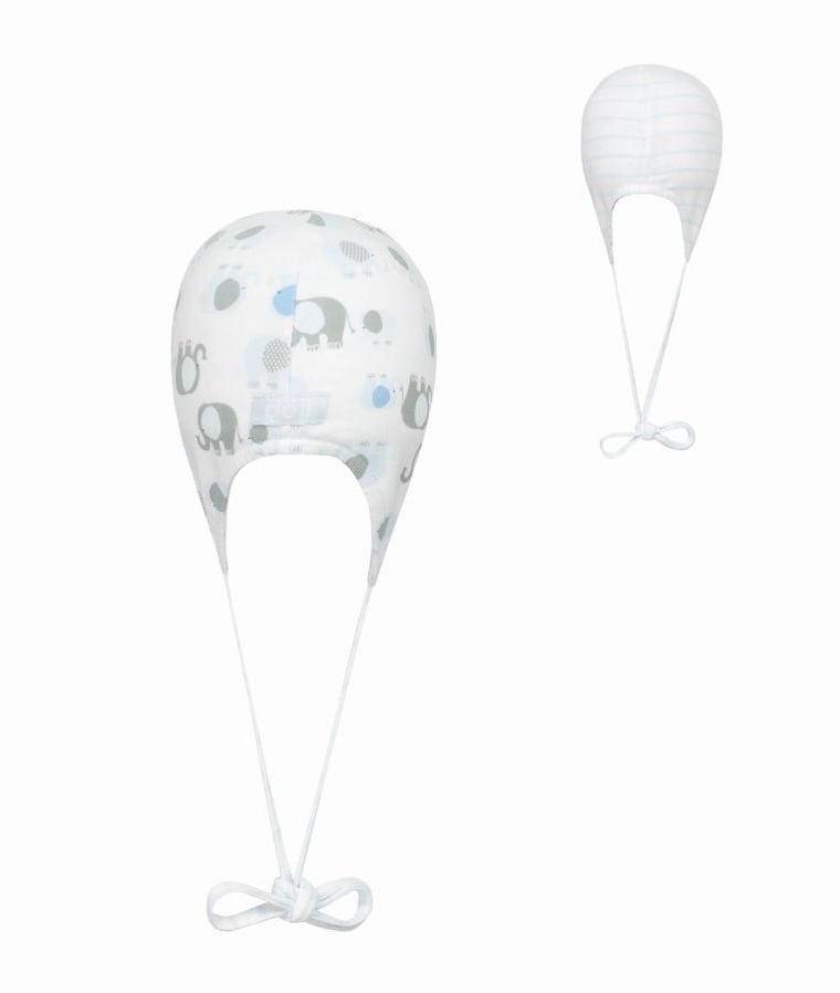 Czapka niemowlęca dwustronna, wiązana, biała, paski, słonie, Döll