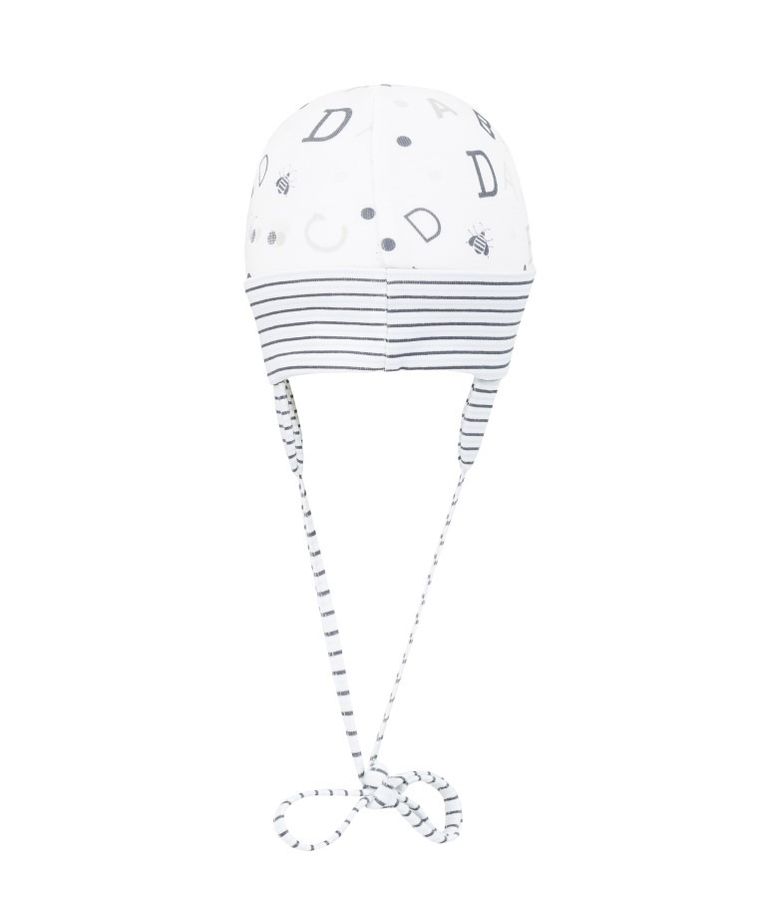 Czapka niemowlęca, wiązana, biała, paski, literki, Döll