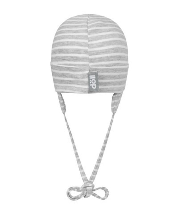 Czapka niemowlęca, wiązana, biało-szara, paski, Döll