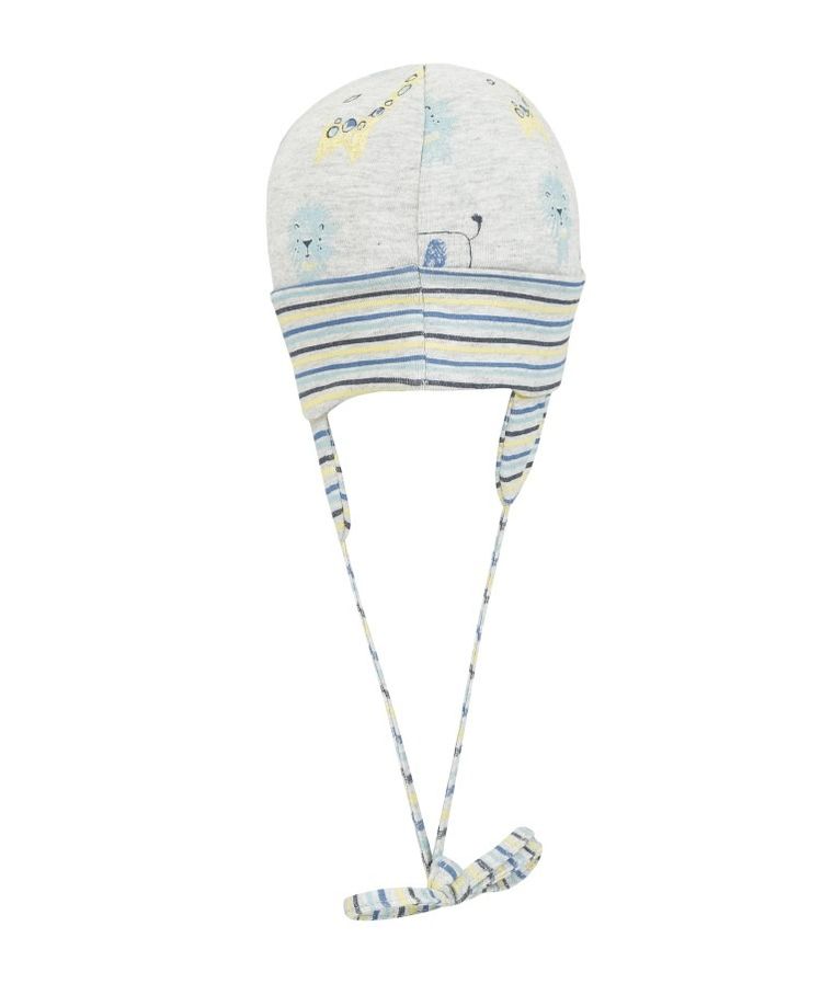 Czapka niemowlęca, wiązana, szara, paski, zwierzęta, Döll