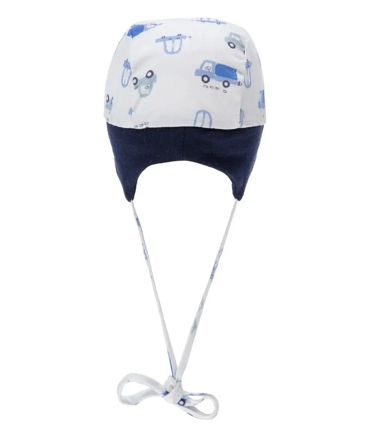 Czapka z daszkiem chłopięca, wiązana, biała, pojazdy, Döll