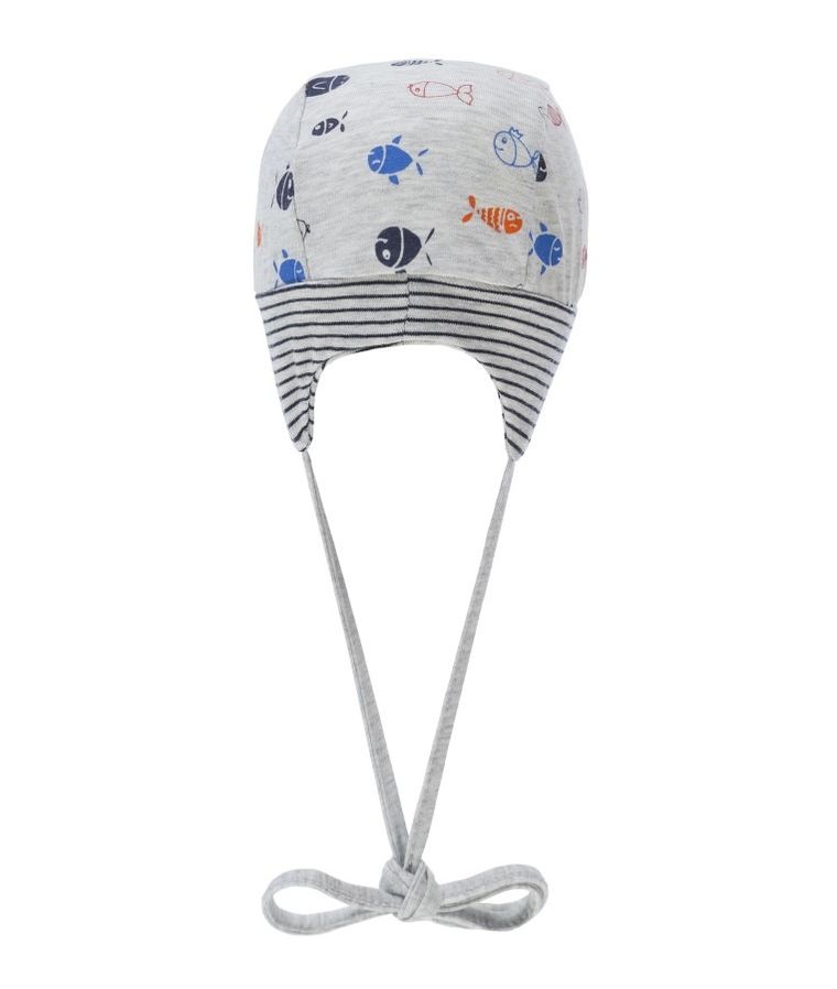 Czapka z daszkiem chłopięca, wiązana, szara, rybki, Döll