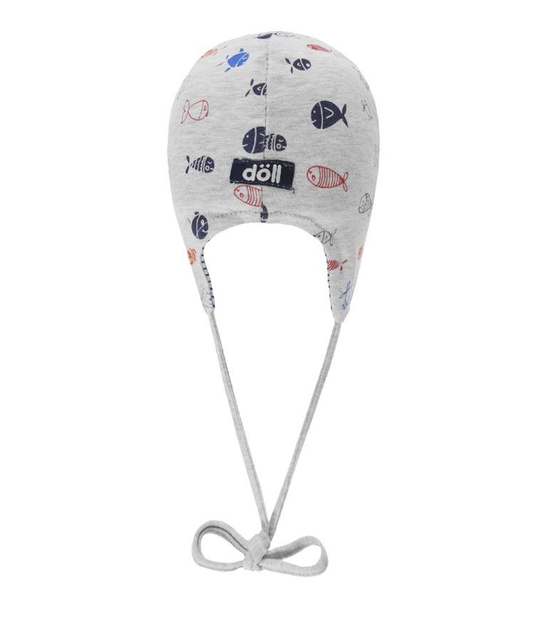 Czapka z daszkiem chłopięca, wiązana, szara, rybki, Döll