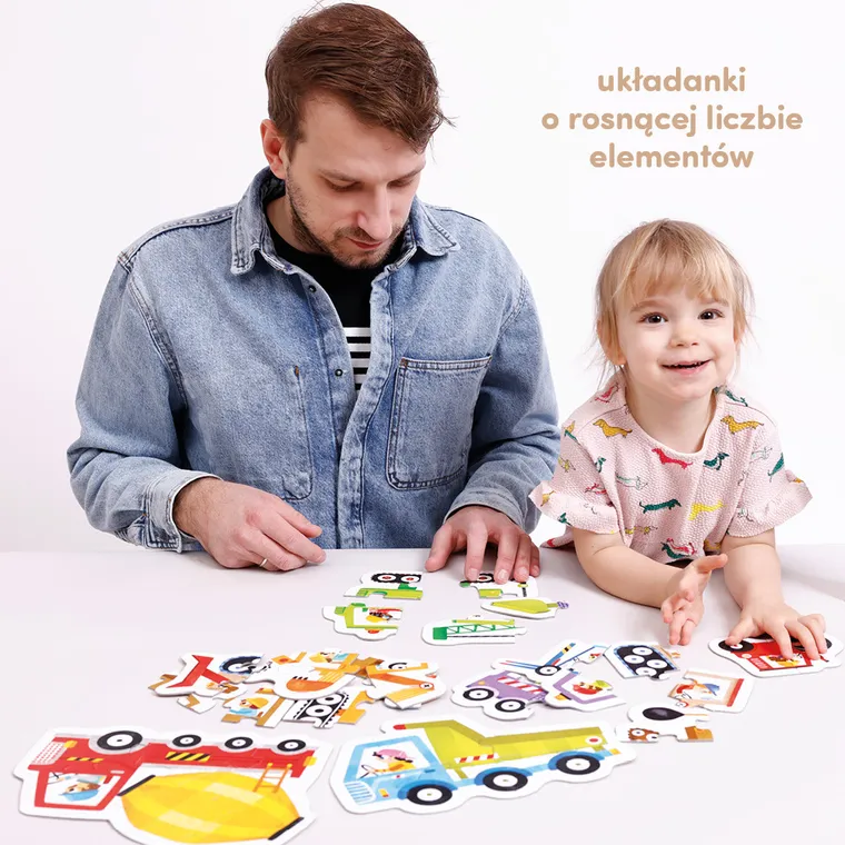 CzuCzu, Pojazdy na budowie, puzzle progresywne, 2+