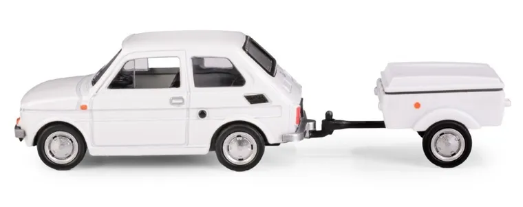 Daffi, Niewiadów, Fiat 126p z krótką przyczepką, pojazd, model metalowy, 1:43, biały
