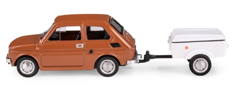 Daffi, Niewiadów, Fiat 126p z krótką przyczepką, pojazd, model metalowy, 1:43, brązowy