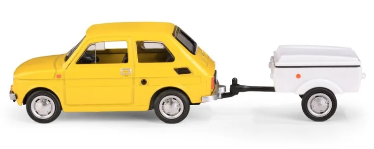 Daffi, Niewiadów, Fiat 126p z krótką przyczepką, pojazd, model metalowy, 1:43, żółty