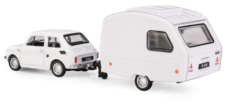 Daffi, Niewiadów, Fiat 126p z przyczepą kempingową, pojazd, model metalowy, 1:43, biały