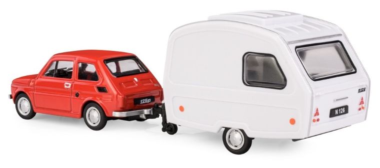 Daffi, Niewiadów, Fiat 126p z przyczepą kempingową, pojazd, model metalowy, czerwony, 1:43