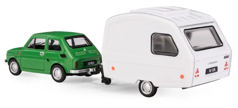 Daffi, Niewiadów, Fiat 126p z przyczepą kempingową, pojazd, model metalowy, zielony, 1:43