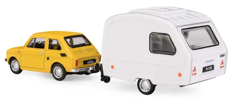 Daffi, Niewiadów, Fiat 126p z przyczepą kempingową, pojazd, model metalowy, żółty, 1:43