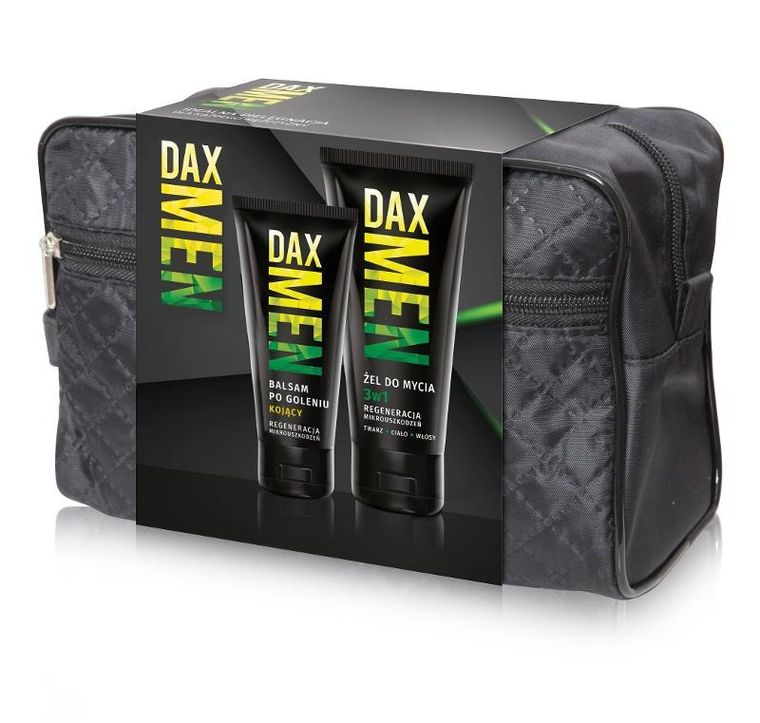 Dax, Men, zestaw prezentowy: żel do mycia twarzy ciała i włosów 3w1, 180 ml + kojący balsam po goleniu, 100 ml + kosmetyczka
