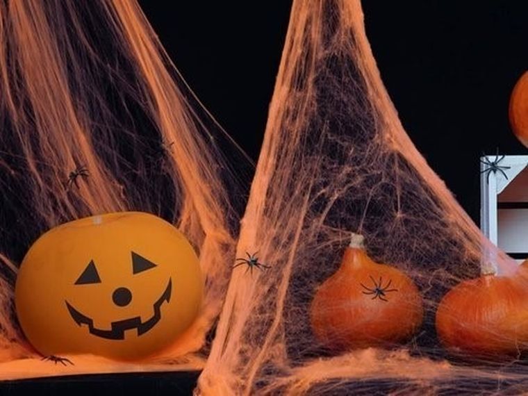 Dekoracja, pajęczyna z pająkami, pomarańczowa