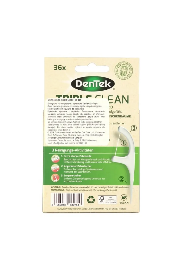 DenTek, Eco Triple Clean, niciowykałaczki, flossery, ekologiczne wykałaczki stomatologiczne z nicią dentystyczną, 36 szt.