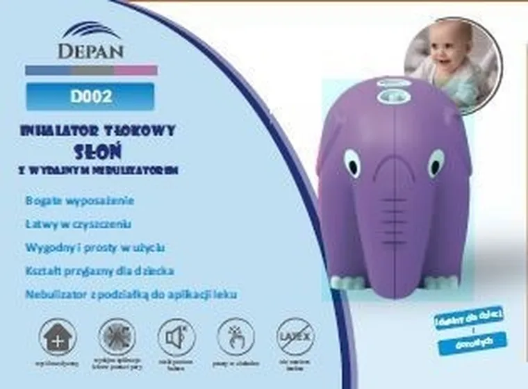 Depan, inhalator tłokowy, słoń, niebieski