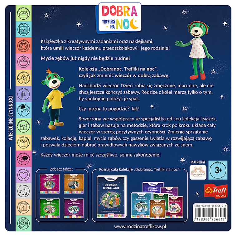 Dobranoc Trefliki na noc. Mycie zębów. Kolorowanka z naklejkami