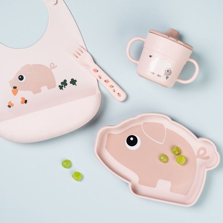 Done by Deer, Świnka Pigee, śliniak silikonowy z kieszonką, powder