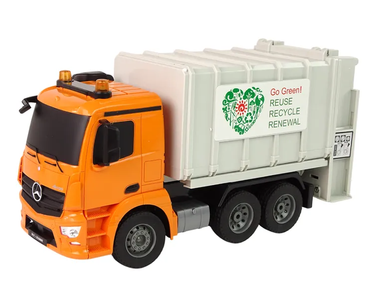 Double E, Mercedes-Benz Antos, ciężarówka śmieciarka, pojazd zdalnie sterowany, pomarańczowy