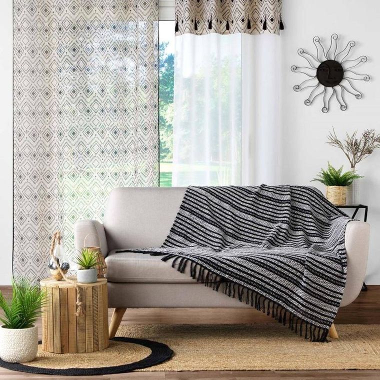 Douceur d'intérieur, koc bawełniany z frędzlami, Tissia, bawełna żakardowa, 125-150 cm