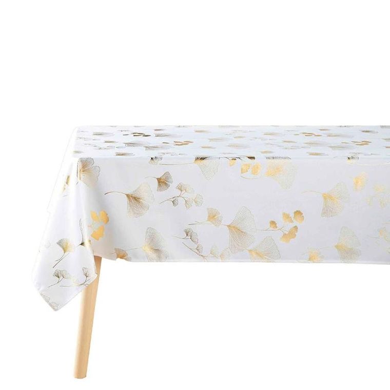 Douceur d'intérieur, obrus prostokątny, Bloomy, biały, złoty miłorząb japoński, 150-240 cm