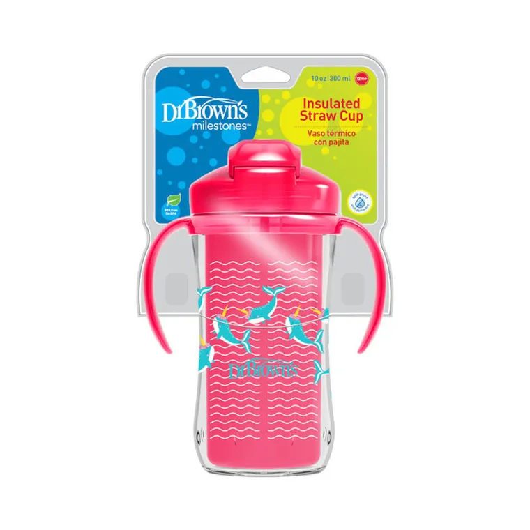 Dr Brown`s, kubek termiczny ze słomką, różowy, 12m+, 300 ml