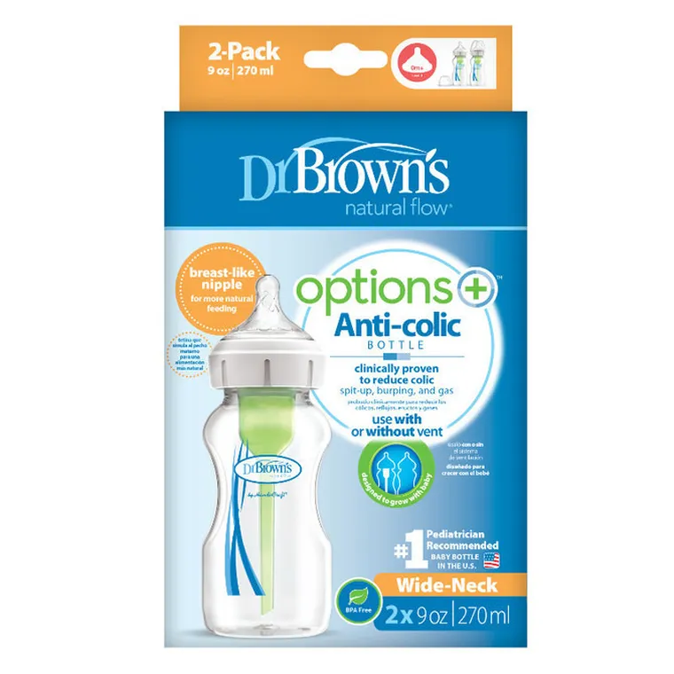 Dr Brown`s, Options Plus, butelka antykolkowa, szeroka, 0m+, 270 ml, 2 szt.