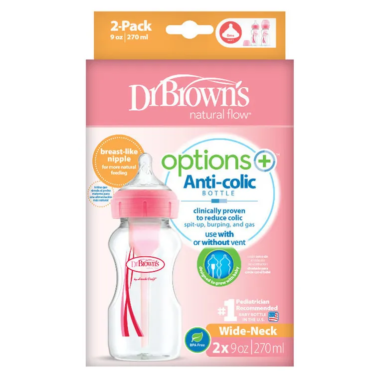 Dr Brown`s, Options Plus, butelka antykolkowa, szeroka, różowa, 0m+, 270 ml, 2 szt.