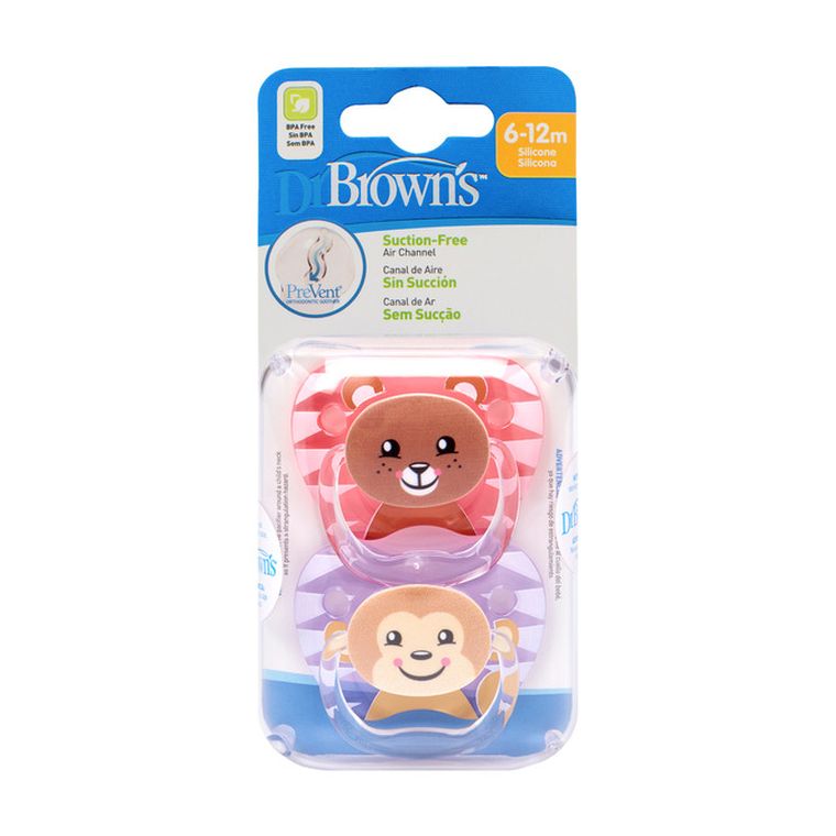 Dr Brown`s, Prevent, smoczek ortodontyczny, zwierzęta, 6-12m, różowy, 2 szt.