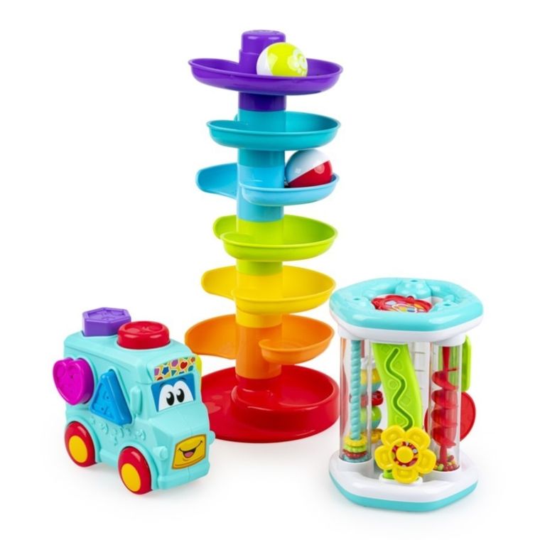 Dumel Discovery, Zestaw Pierwszej Aktywności 3w1, wieża, pojazd sorter, zabawki sensoryczne