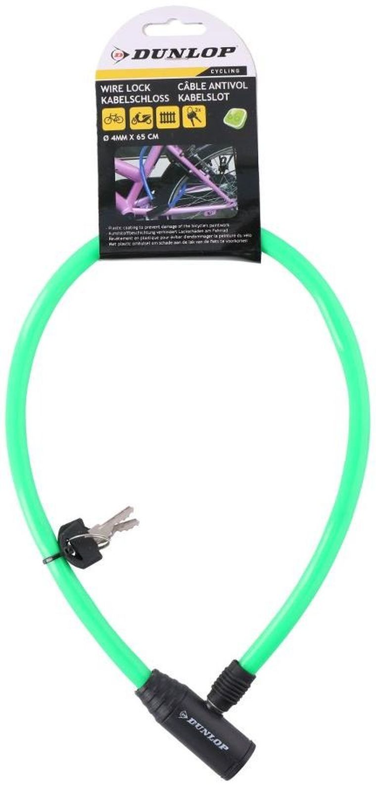 Dunlop, zapięcie rowerowe, linka, zamek, zielone, 0,4-65 cm