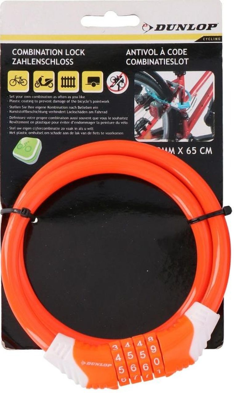 Dunlop, zapięcie rowerowe spiralne, na szyfr, 10mmx65 cm, pomarańczowe