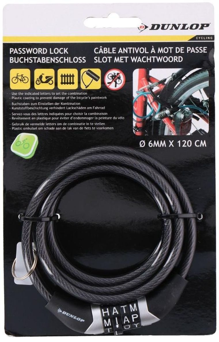 Dunlop, zapięcie rowerowe, spiralne, szyfr, czarne, 0,6-120 cm