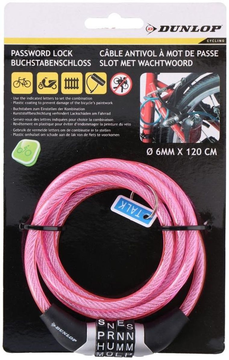 Dunlop, zapięcie rowerowe, spiralne, szyfr, różowe, 0,6-120 cm