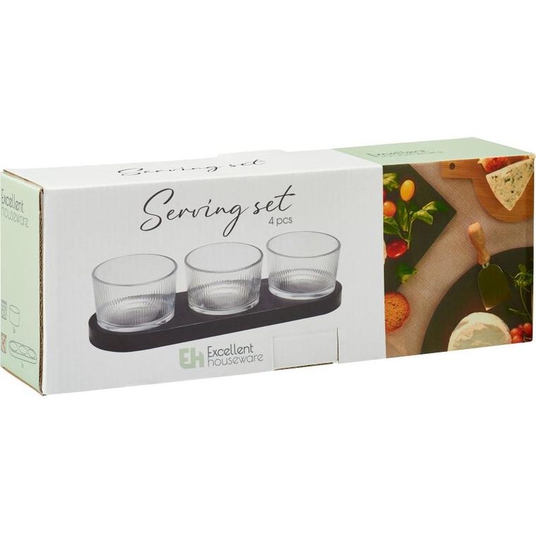 Eh Excellent Houseware, Zinari, szklane miseczki na przekąski na drewnianej podstawce, 9 cm, 4 szt.