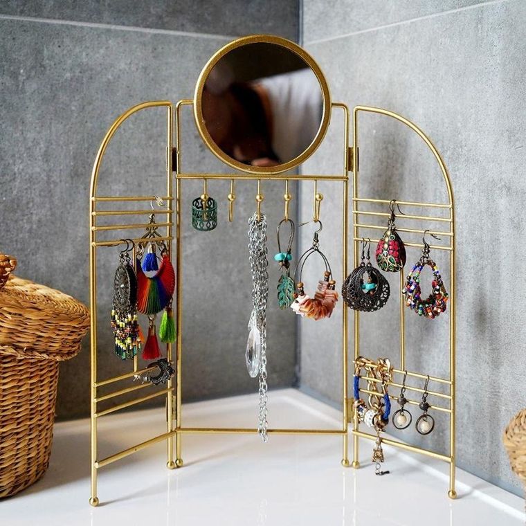 Eleganza, wieszak na biżuterię z lusterkiem, metalowy, składany, złoty