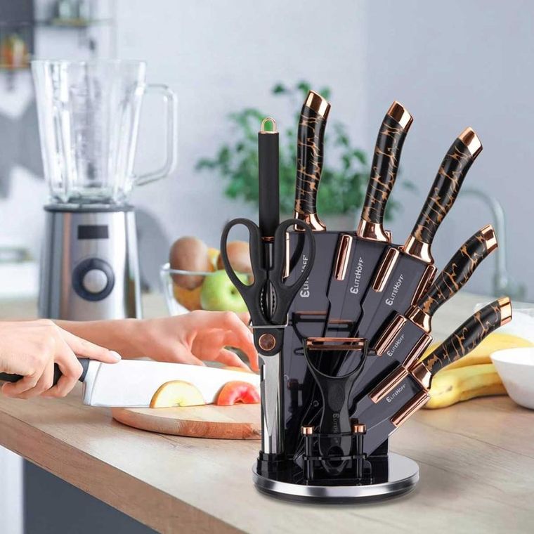 Elitehoff, zestaw noży kuchennych w stojaku z ostrzałką i nożycami, 9 elementów