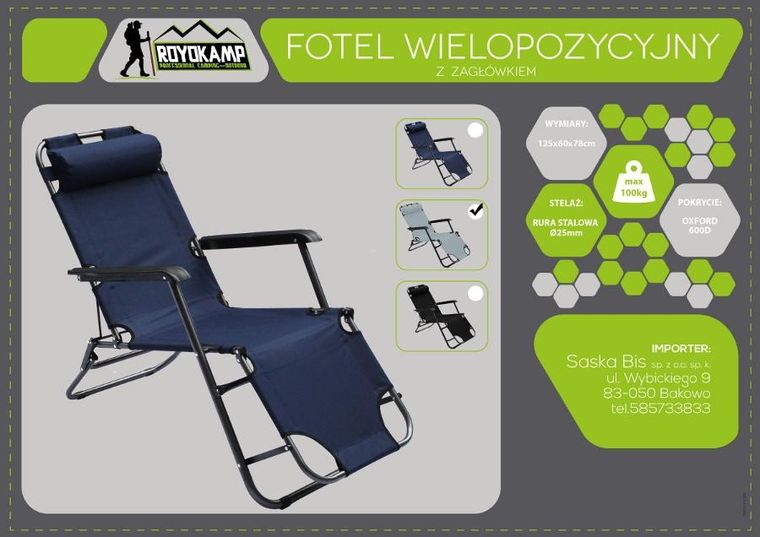 Enero Camp, Level, fotel wielopozycyjny z zagłówkiem, szary