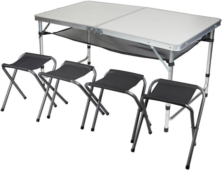 Enero Camp, składany stolik turystyczny, 4 krzesła i półka, 120-60-70/62/55 cm