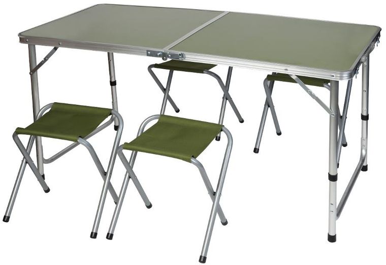 Enero Camp, stolik turystyczny, składany, kempingowy, 120-60-70/62/55 cm + krzesła, zielone, 4 szt.