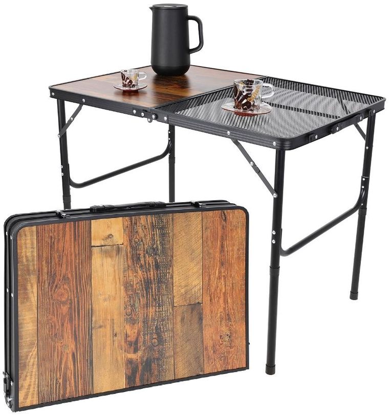 Enero camp, stolik turystyczny składany kempingowy, siatka stalowa drewno, 90-60-36-68 cm
