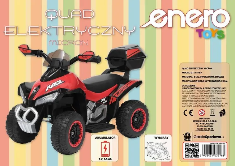 Enero, Micron, quad, pojazd na akumulator, czerwony