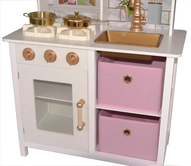 Enero Toys, kuchnia drewniana, lampka LED, biało-różowa, 60-30-88.5 cm