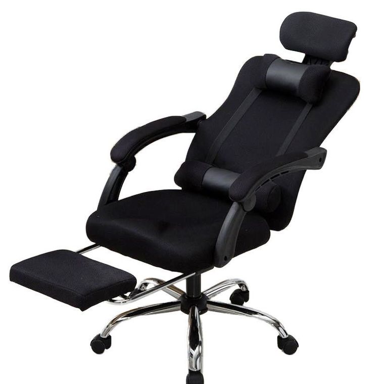 Ergonomiczny, obrotowy fotel z podnóżkiem i zagłówkiem, wentylacja, czarny